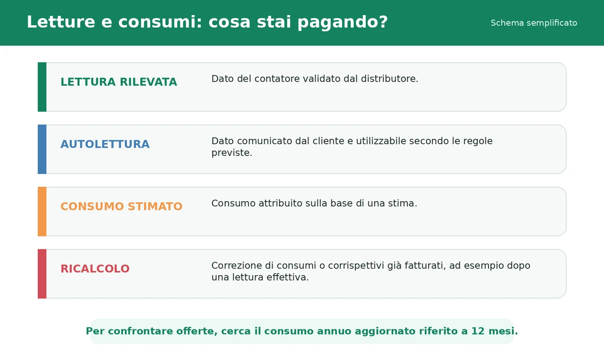 Schema su lettura rilevata, autolettura, consumo stimato e ricalcolo